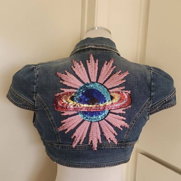 twentyone 21 upcycled Denim Bolero Jacket, Cropped, Embellished, S - Picture 5 of 6